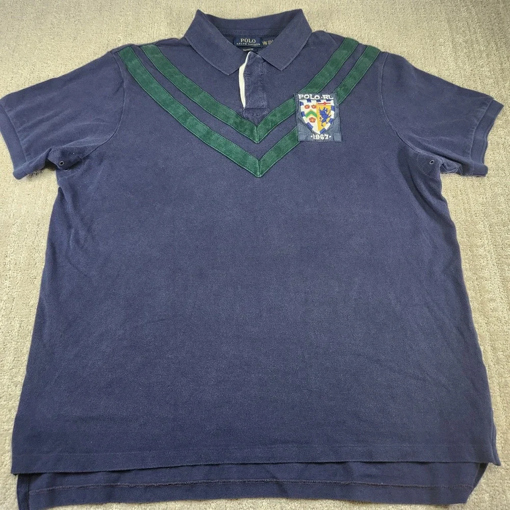 Polo Ralph Lauren Rugby‎ Shirt Men XXL Dragon Crest Big Logo Blue Custom Fit Y2K